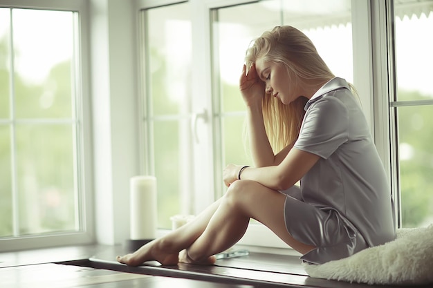 Fenêtre assise jeune fille adulte à la maison