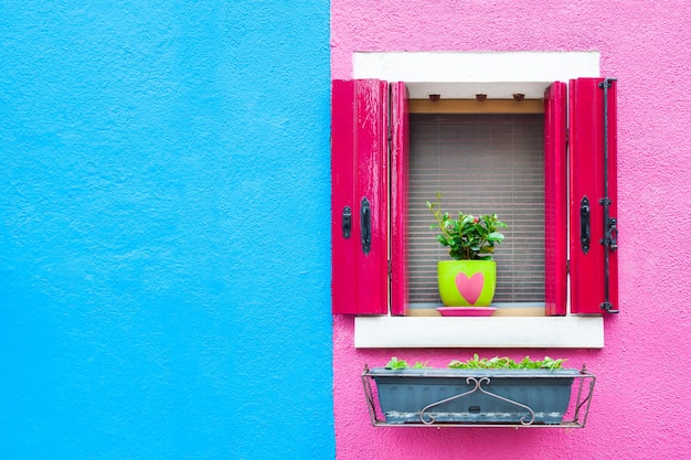 Fenêtre aux volets roses sur le mur bleu et rose. Architecture colorée dans l'île de Burano, Venise, Italie.