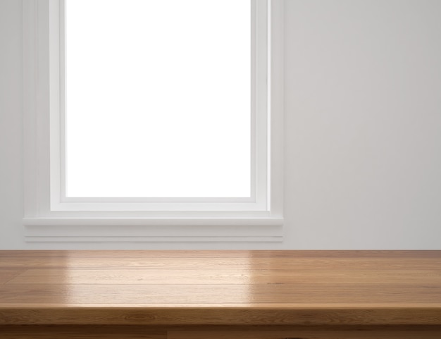 Fenêtre blanche avec table en bois.