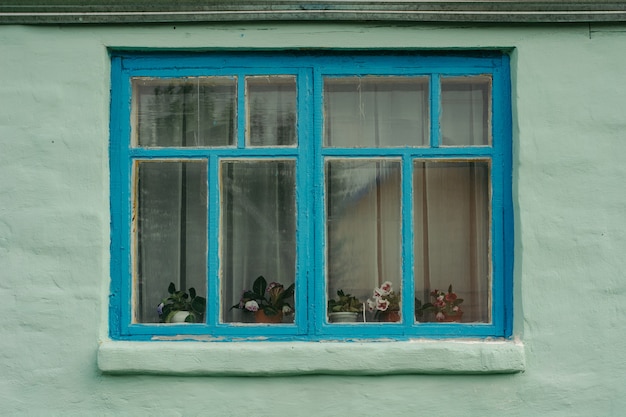 Fenêtre en bois bleue d&#39;une vieille maison rustique verte avec un mur en plâtre.