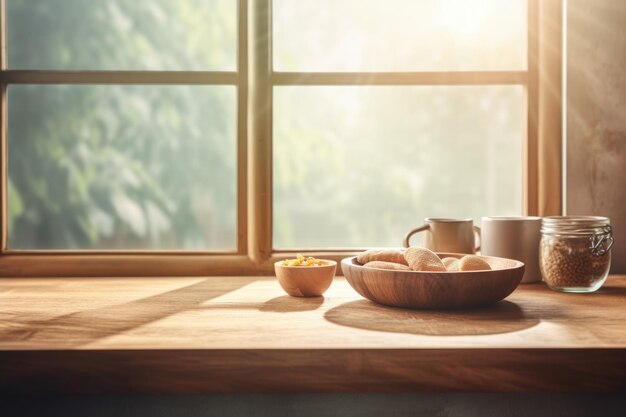 Une fenêtre en bois avec un bol d'œufs et un bol de café sur une table.