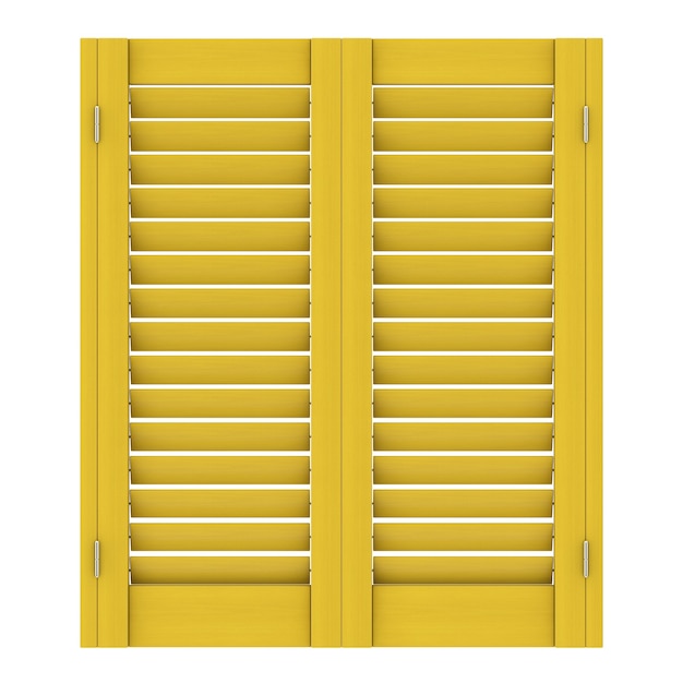 Fenêtre en bois jaune rétro avec Sutters Jalousie sur fond blanc. Rendu 3D