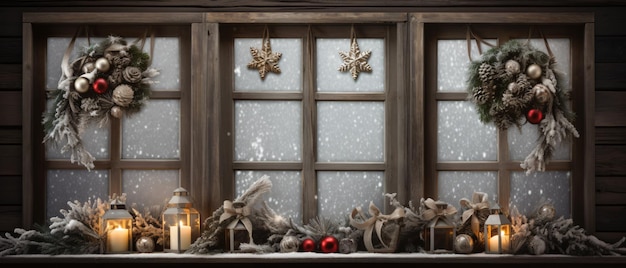 Fenêtre en bois de Noël et cadres décorés