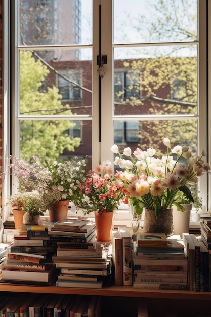 Une fenêtre avec un bouquet de fleurs dessus