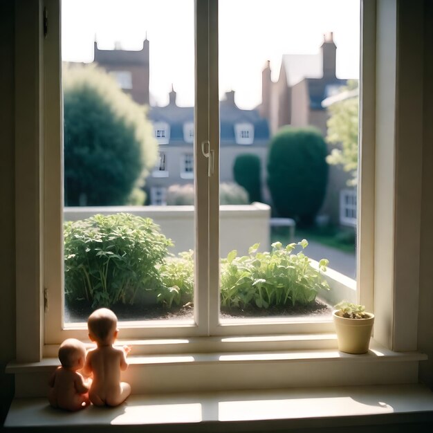 Photo une fenêtre avec un cadre blanc et deux petites figurines sur le seuil de la fenêtre