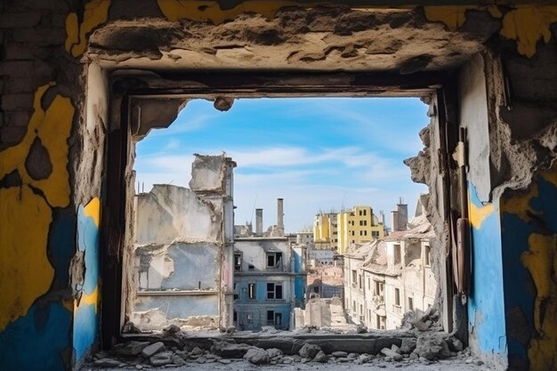 une fenêtre cassée avec des graffitis et le mot bleu dessus