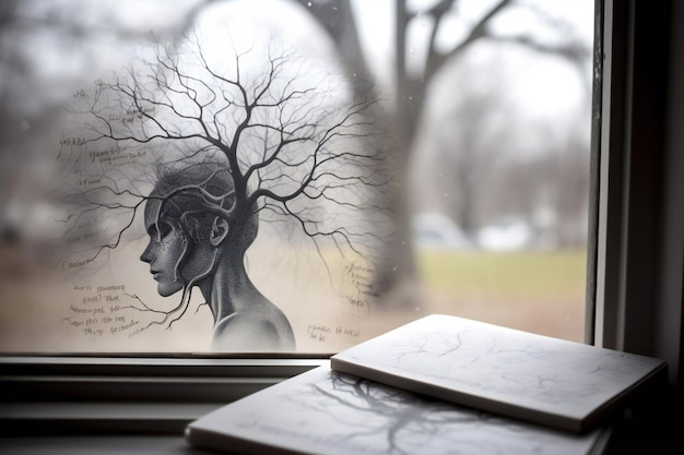 Une fenêtre avec un croquis de visage avec une branche de cheveux d'arbre