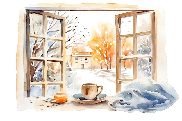 Fenêtre de cuisine d'hiver à l'aquarelle confortable