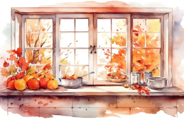 Fenêtre de cuisine d'hiver à l'aquarelle confortable