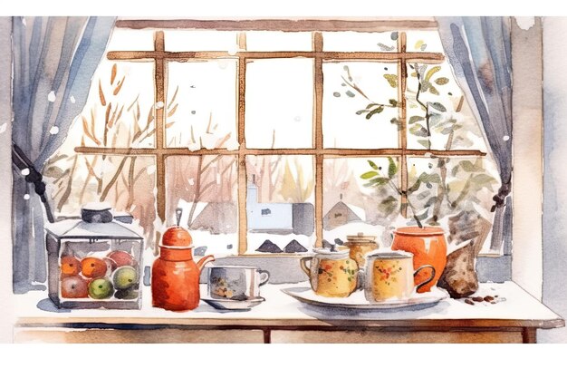 Fenêtre de cuisine d'hiver à l'aquarelle confortable