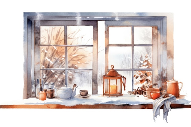Fenêtre de cuisine d'hiver à l'aquarelle confortable