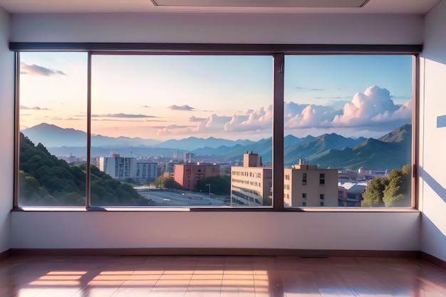 Une fenêtre dans une chambre avec vue sur les montagnes et un ciel bleu