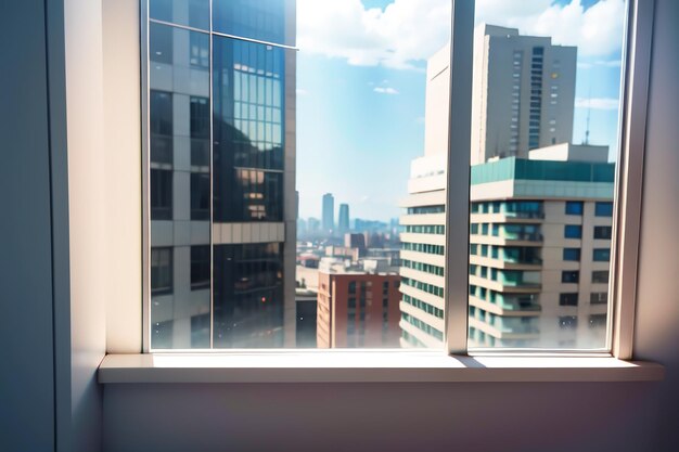 Une fenêtre dans une pièce avec vue sur la ville.