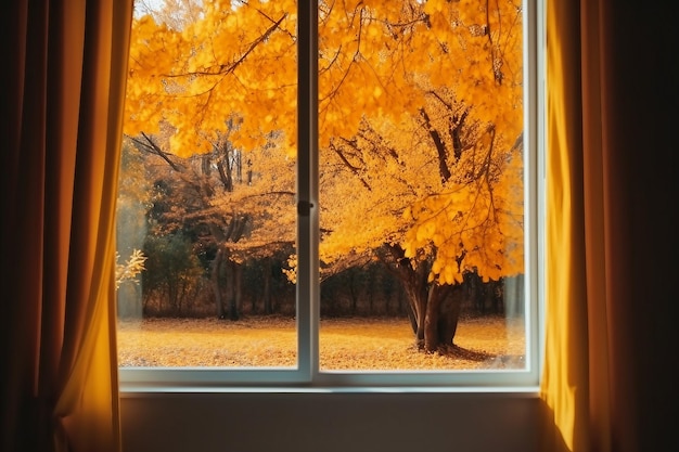 Fenêtre dans la vue de la chambre sur le parc d'automne avec des feuilles d'automne sur le concept d'automne d'arbre