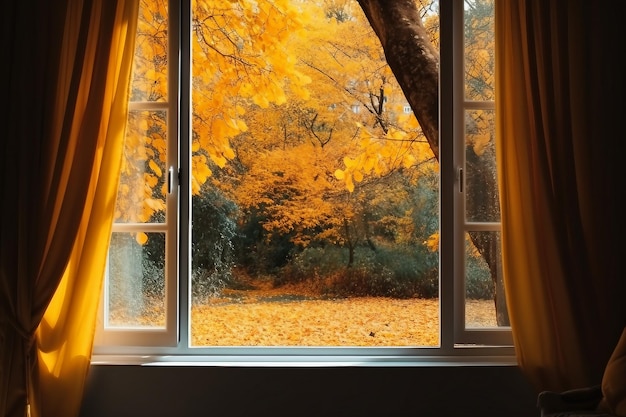 Fenêtre dans la vue de la chambre sur le parc d'automne avec des feuilles d'automne sur le concept d'automne d'arbre