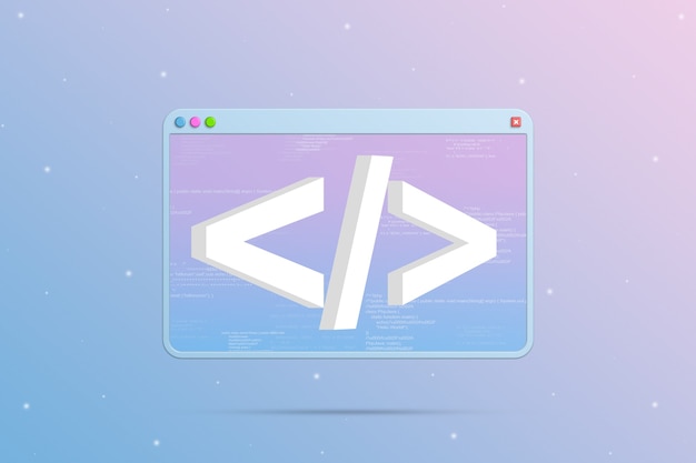 Fenêtre du navigateur avec icône de programmation et éléments de code sur fond 3d