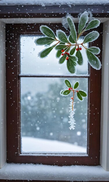 Une fenêtre gelée avec une vue sur le gui et la chute de neige.