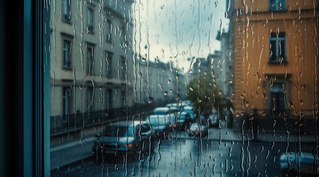 Une fenêtre avec des gouttes de pluie dessus