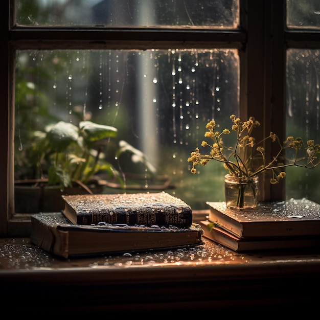 Photo fenêtre avec des gouttes de pluie et une vue imaginative livres sur la table thème de la journée du livre journée mondiale du livre