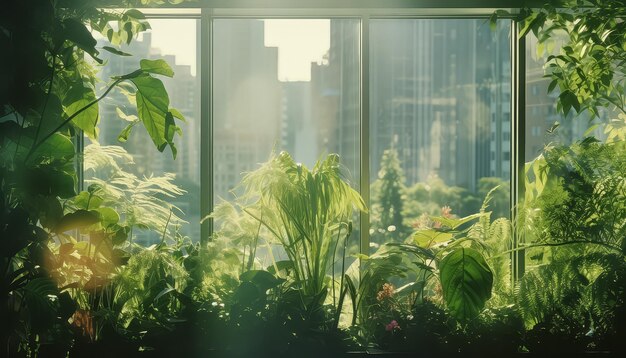 La fenêtre à l'intérieur du bureau pleine de plantes et de lumière du soleil