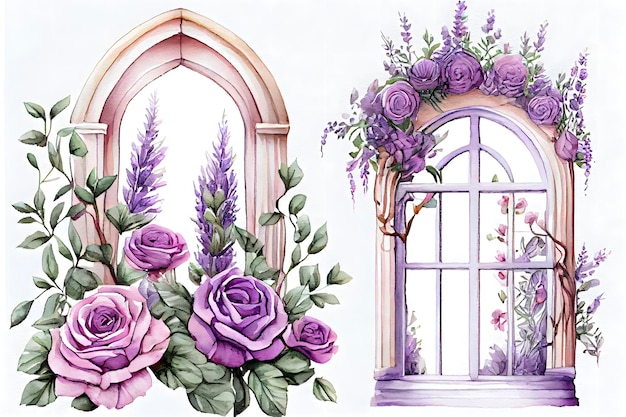 Fenêtre de lavande fantaisiste avec des fleurs violettes