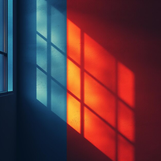 Fenêtre avec la lumière du soleil dans une pièce avec des murs rouges et bleus Minimalisme