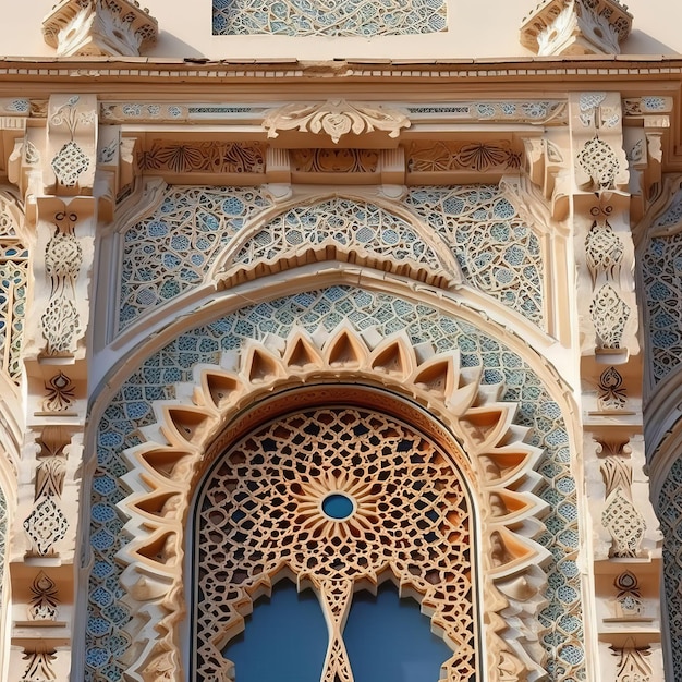 Une fenêtre avec un motif de lettres arabes et arabes.