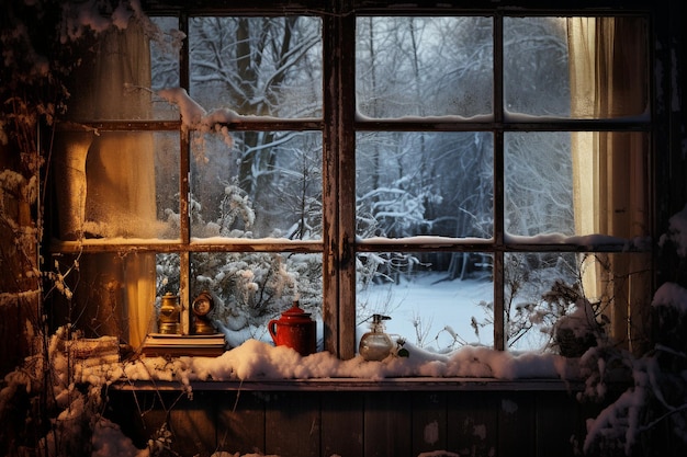 Une fenêtre avec de la neige à l'extérieur