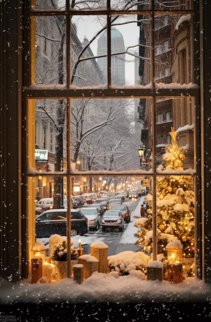 La fenêtre de Noël à travers la ville couverte de neige de Stoke