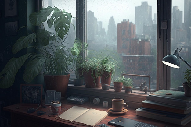 Une fenêtre avec un ordinateur portable, un livre, une tasse, une tasse et une plante dessus.