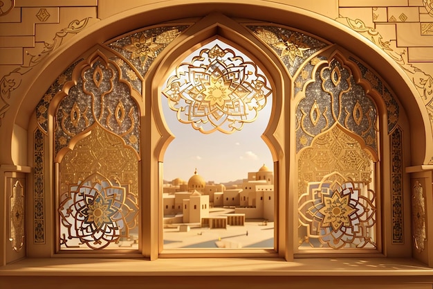 Une fenêtre ornementale arabe dorée d'élégance islamique traditionnelle