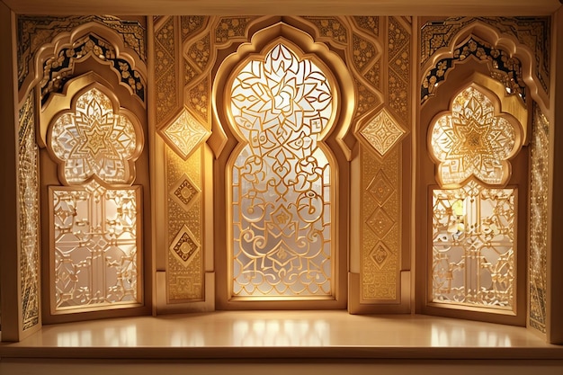 Fenêtre ornementale dorée arabe Motifs islamiques traditionnels