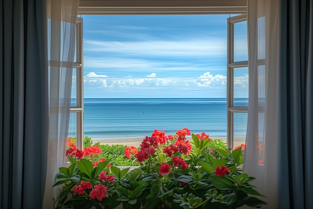 Fenêtre ouverte avec des fleurs avec vue sur la mer