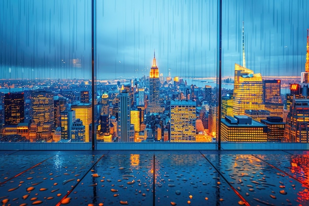 Fenêtre panoramique montrant une vue d'une ville nocturne éclairée de lumières et de photographie professionnelle pluvieuse