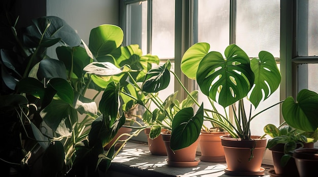 Une fenêtre avec une plante en pot dessus et une personne debout à l'arrière-plan.