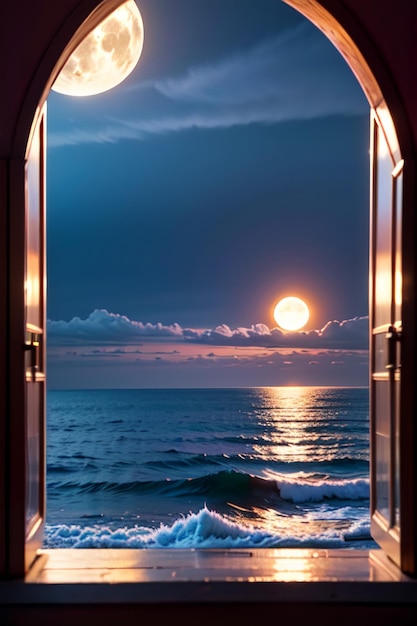 Une fenêtre avec une pleine lune et la mer en arrière-plan