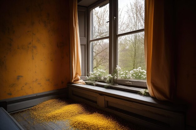 Fenêtre recouverte de pollen dans une pièce calme créée avec une IA générative