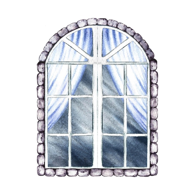 Fenêtre rétro fenêtre voûtée vintage avec rideaux Une illustration à l'aquarelle dessinée à la main Isolate