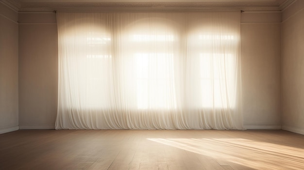 fenêtre rétroéclairée avec des rideaux blancs et un sol en bois dans une pièce vide