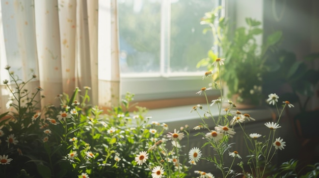 une fenêtre avec un rideau blanc et des fleurs devant elle