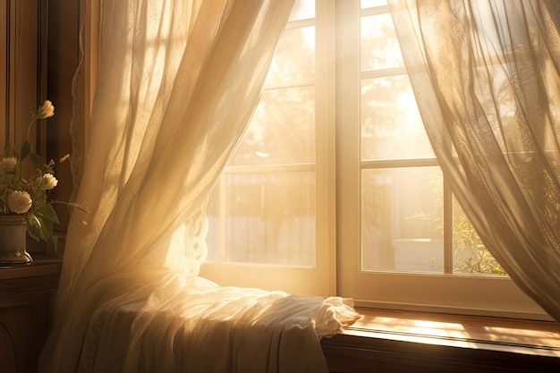 Une fenêtre avec un rideau et une fenêtre avec le soleil qui brille à travers.