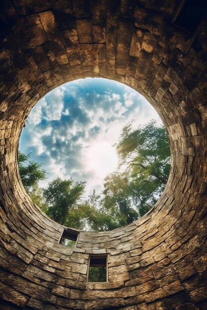 Une fenêtre ronde dans un bâtiment en brique avec le ciel en arrière-plan