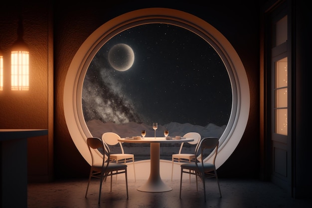 Fenêtre ronde avec table et chaises devant la vue de la lune et des étoiles Generative AI