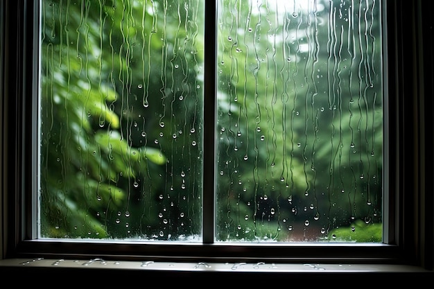 La fenêtre trempée par la pluie après la douche d'été