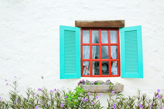 Fenêtre vintage décorative avec des plantes colorées.