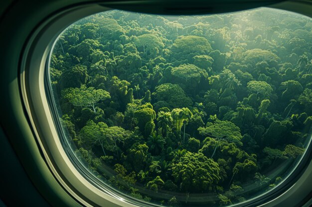 Photo une fenêtre avec une vue sur des arbres et un avion avec un fond vert