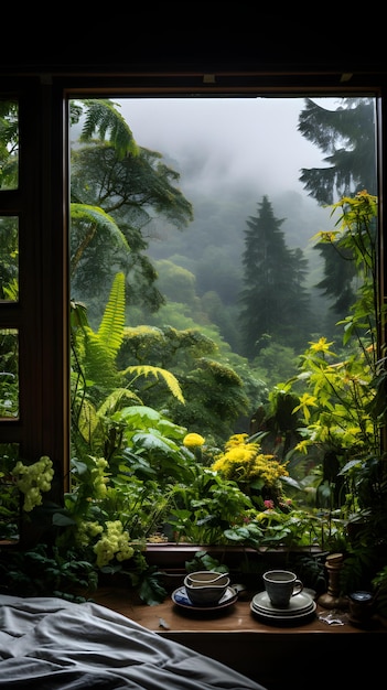une fenêtre vue sur une forêt verdoyante vue depuis la fenêtre fermée