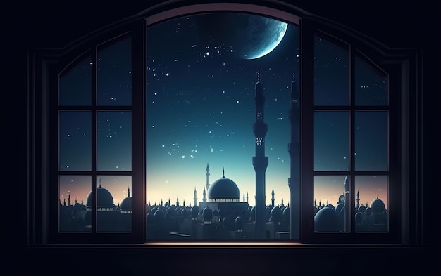 Une fenêtre avec vue sur la lune et les étoiles de la mosquée