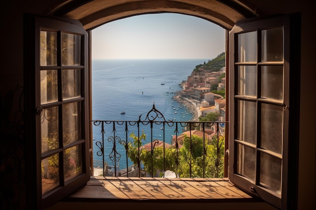 Une fenêtre avec vue sur la mer et la mer