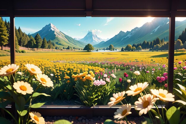 Une fenêtre avec vue sur une montagne et des fleurs